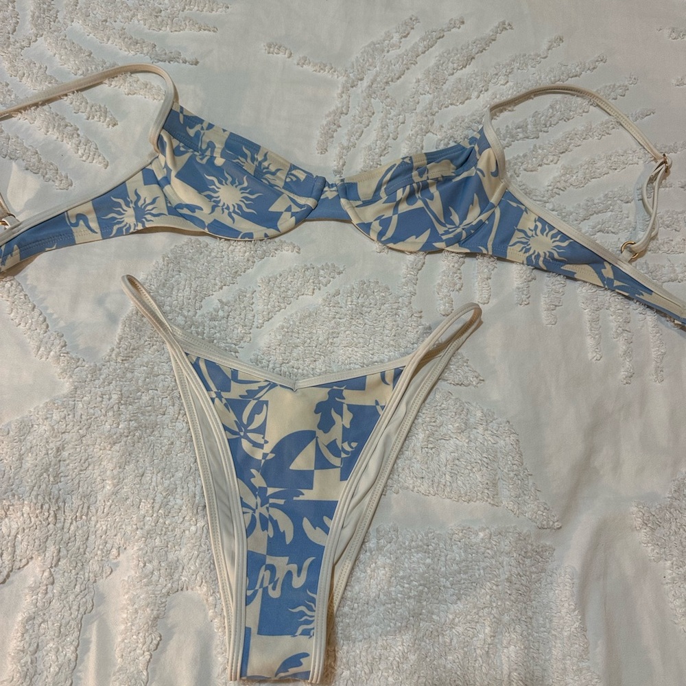 L*Space Blue and Cream Bikini with Vintage-Inspired Print